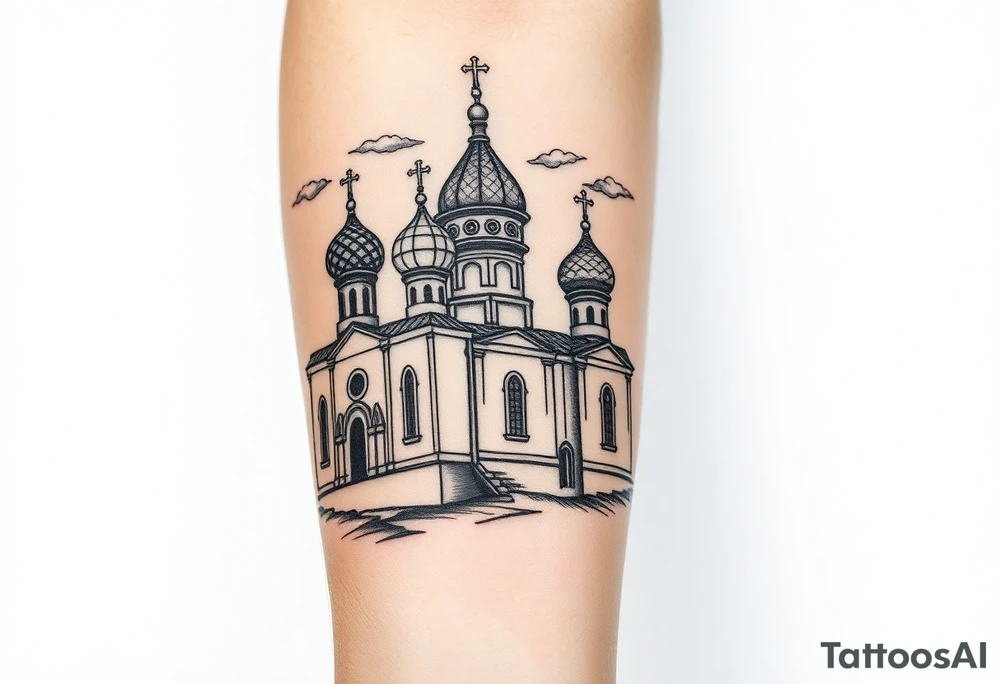 highly detailed Russian Orthodox cathedral sitting on fore arm with onion domes and orthodox crosses, done in fine line, engraving-like style. Cohesive composition, black ink only, no color, high contrast, slightly aged, documentary-style, plain light background. with clouds above it and a virgin mary over looking tattoo idea