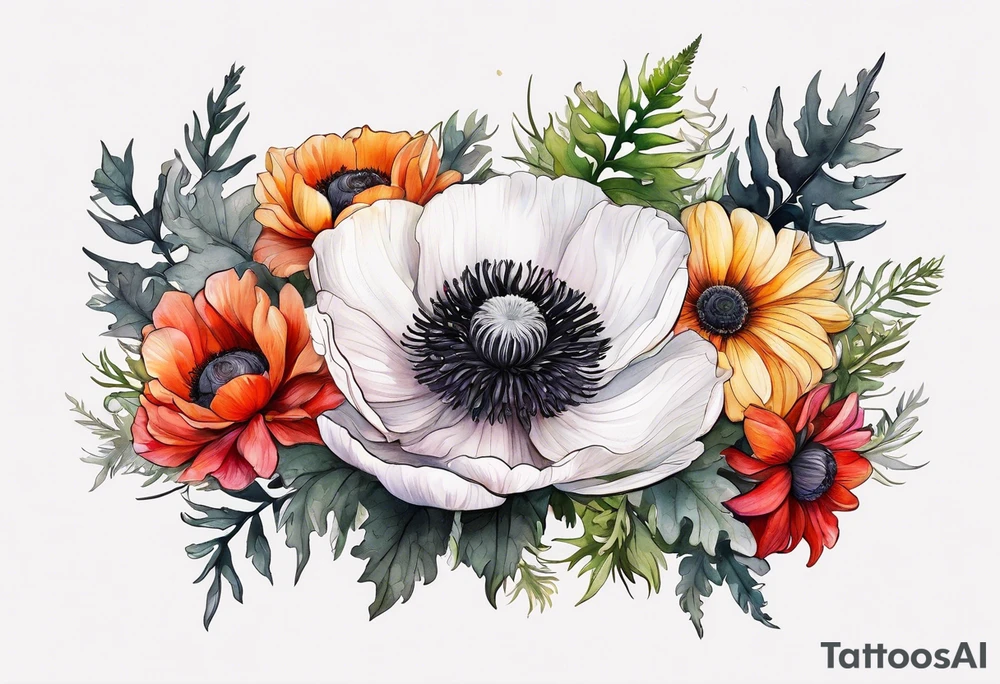 a white anemone with black center with thistles, ferns, ranuculus, sun flowers, red flowers, pink flowers, orange flowers, yellow flowers in watercolor tattoo idea