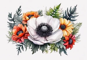 a white anemone with black center with thistles, ferns, ranuculus, sun flowers, red flowers, pink flowers, orange flowers, yellow flowers in watercolor tattoo idea