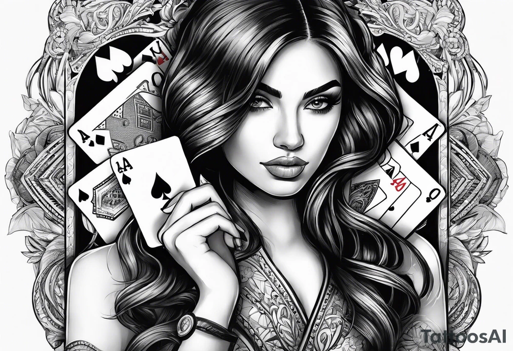 woman one hand holding poker cards tattoo idea