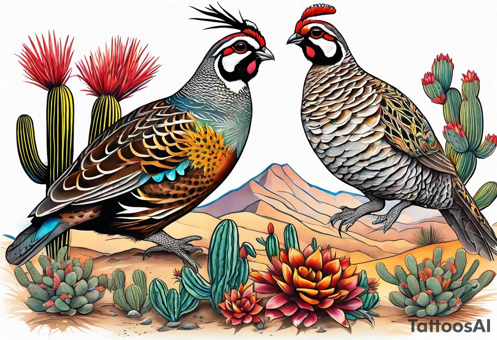 Three quails, desert flowers, cactus, ocotillo, tattoo idea