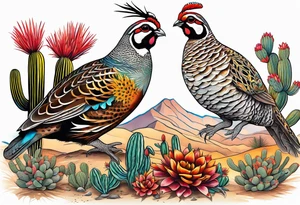 Three quails, desert flowers, cactus, ocotillo, tattoo idea