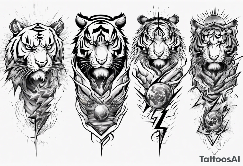 Tiger warrior with lightning and the sun for a forearm sleeve tattoo idea
