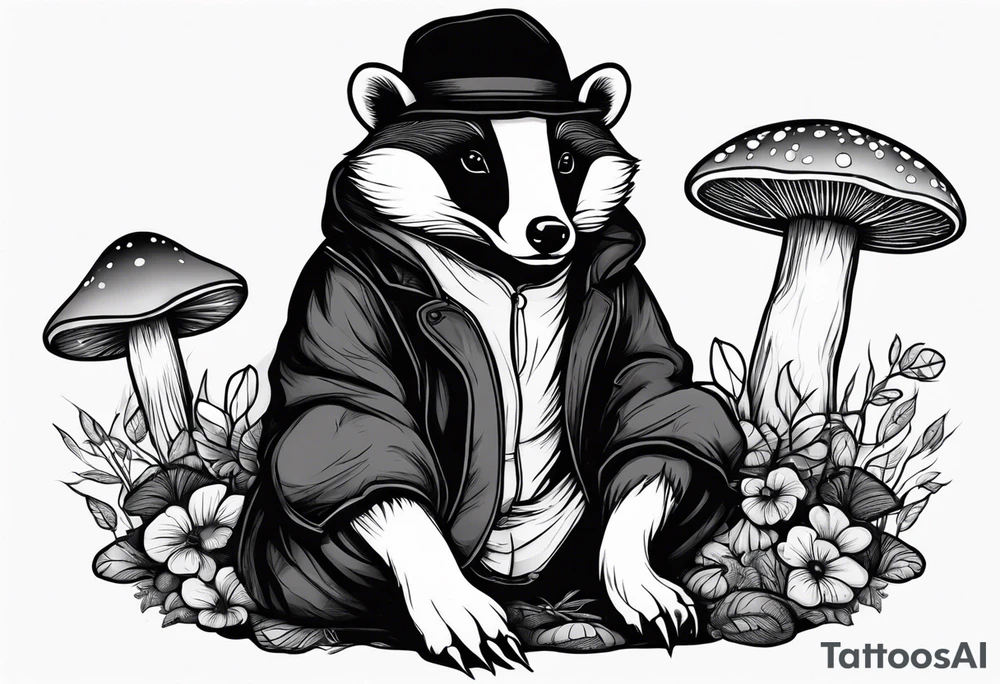 Badger in a coat sitting on a mushroom tattoo idea