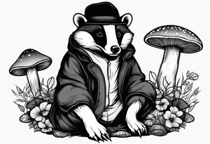 Badger in a coat sitting on a mushroom tattoo idea