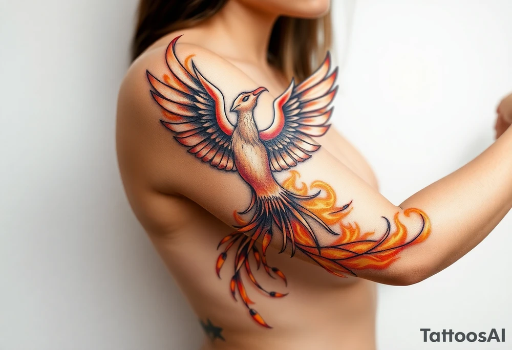 magnificent phoenix rising from golden flames with trailing embers tattoo idea