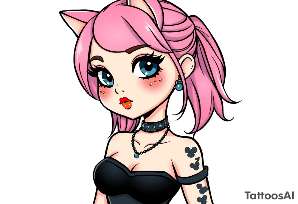 hot goth girl with puppy ears and with piercings on face and big boobs and big butt full body 
 with black outfit on with pink hair tattoo idea