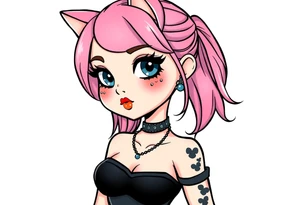 hot goth girl with puppy ears and with piercings on face and big boobs and big butt full body 
 with black outfit on with pink hair tattoo idea