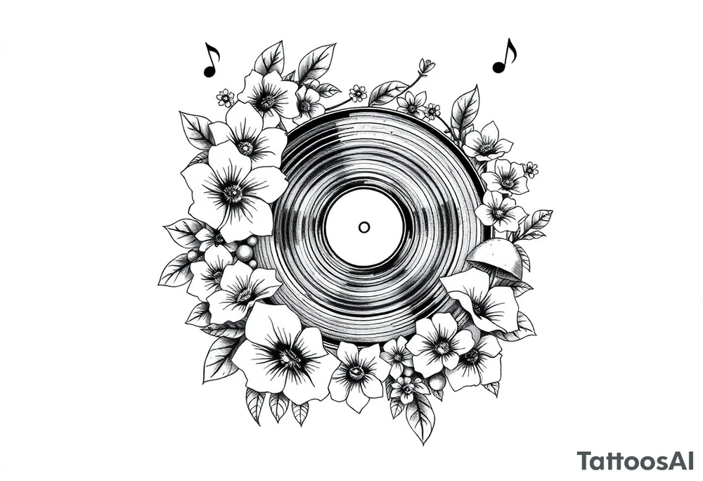 vinyl record player surrounded by flowers, mushrooms, and music notes tattoo idea