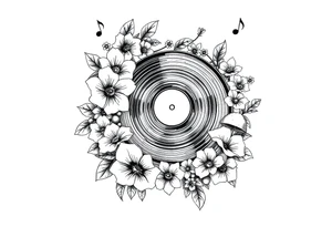 vinyl record player surrounded by flowers, mushrooms, and music notes tattoo idea