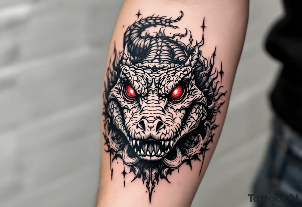 powerful majestic aligator with red eyes, surrounded by death ornaments tattoo idea