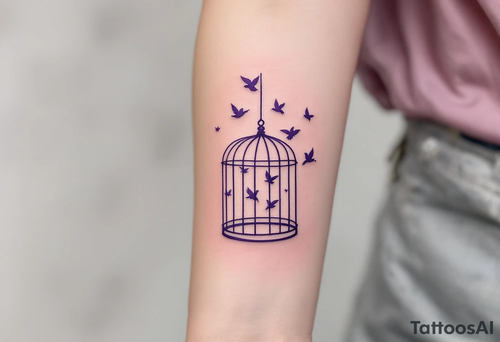 A purple open cage with flying birds illustrates release from mental confinement. tattoo idea