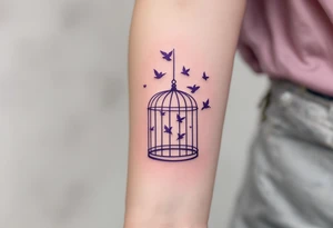 A purple open cage with flying birds illustrates release from mental confinement. tattoo idea