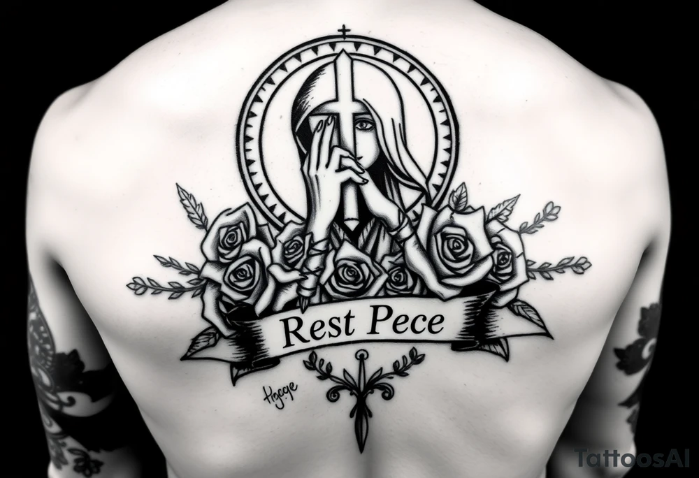 Hip hop religious rest in peace with roses and a banner for a name full sleeve tattoo idea