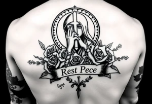Hip hop religious rest in peace with roses and a banner for a name full sleeve tattoo idea