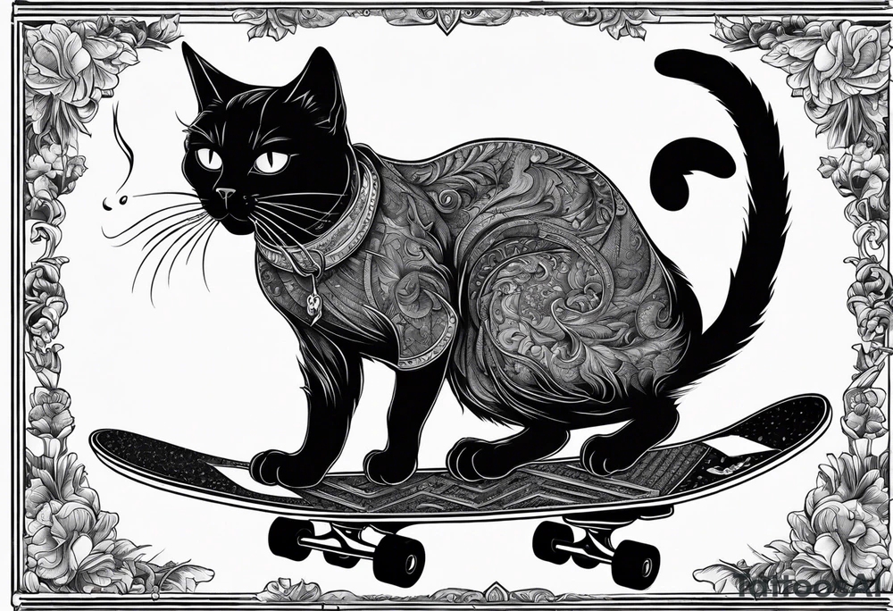 A black cat doing a kickflip on a Skateboard while smoking a joint. tattoo idea