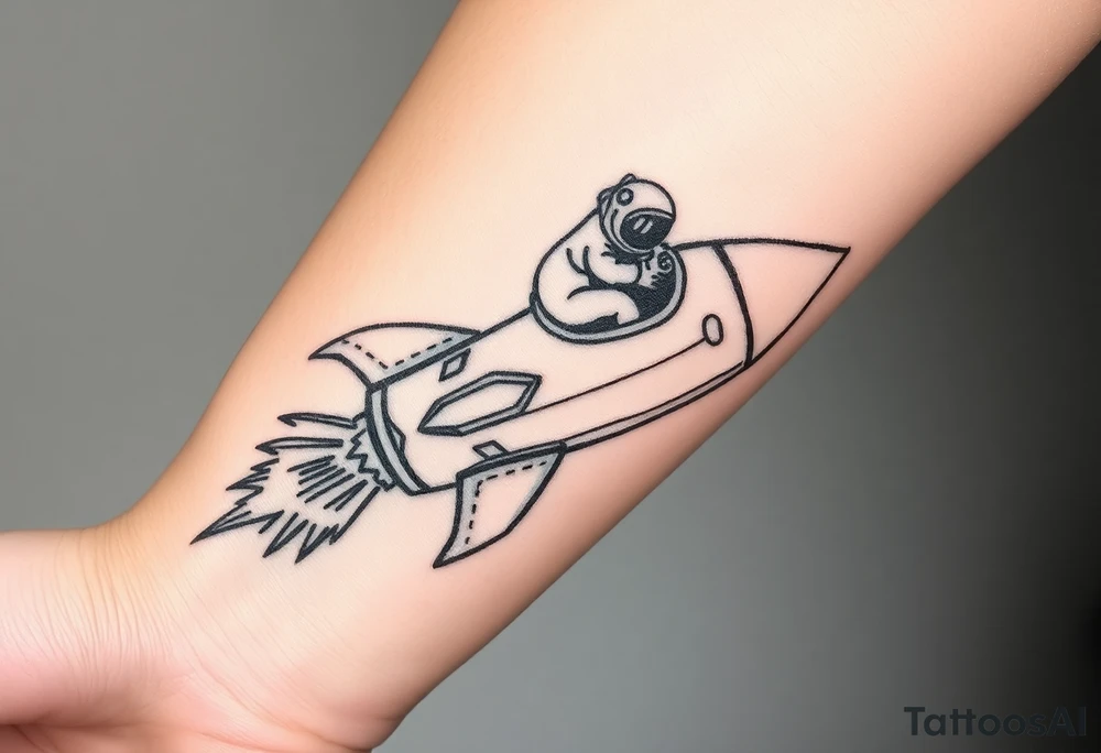 Falling apart rocket ship with sparks coming out the back  with astronaut riding it. It has LHS written on it and K and J on the nose tattoo idea