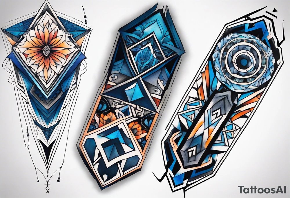 semi Detailed neo traditional knee tattoo flat on paper. The tattoo features geometric patterns and bold lines, creating a visually striking design with slight tints of deep fall colors. The a background featuring deep blues washes and water swirls tattoo idea
