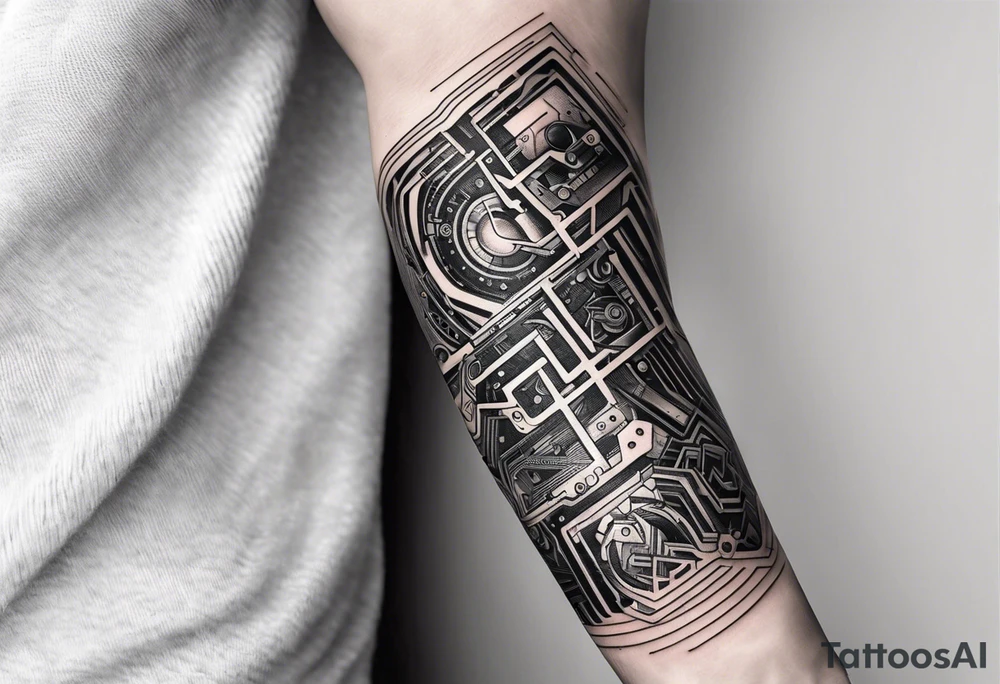 Located on the inner forearm. Technology inspired with circuits. Incorporate two bolder lines that go fully around the arm tattoo idea