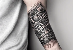 Located on the inner forearm. Technology inspired with circuits. Incorporate two bolder lines that go fully around the arm tattoo idea