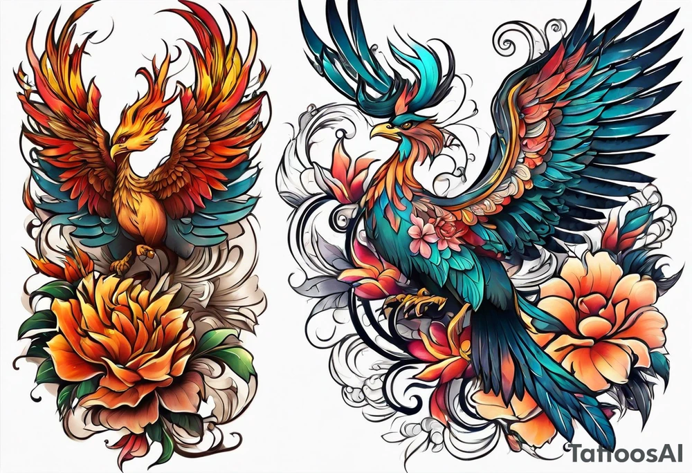 Half sleeve on under arm, with phoenix and flowers tattoo idea