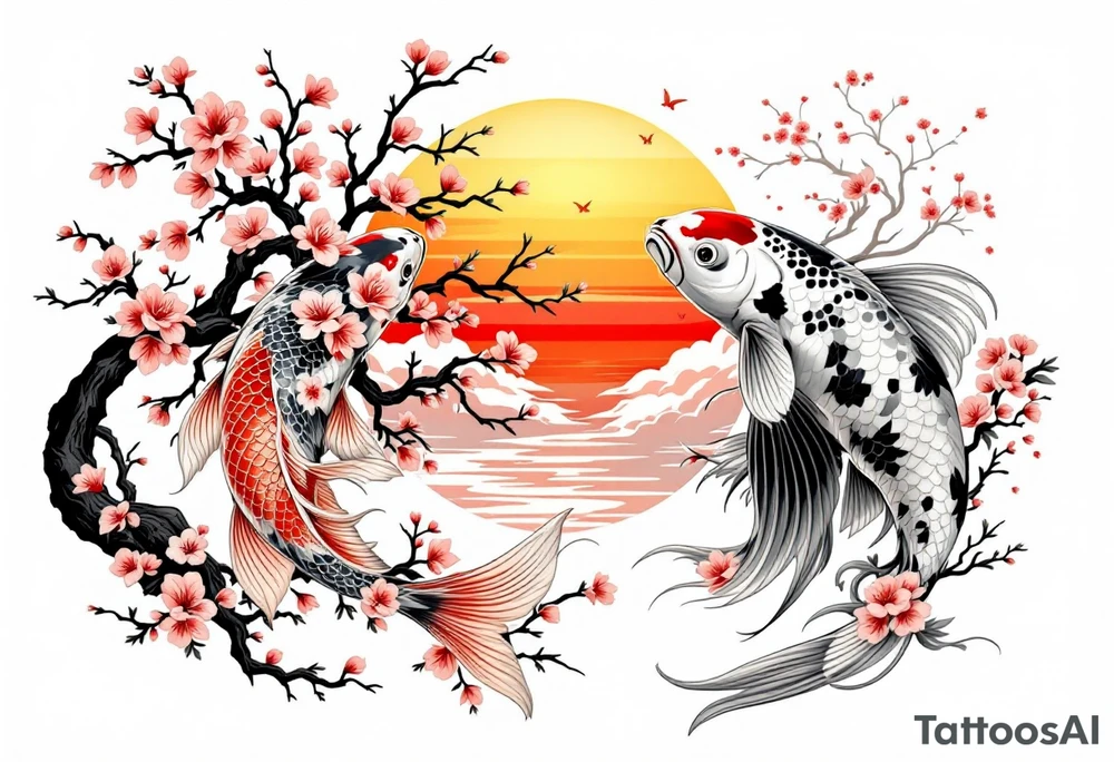 Koi fish, and cherry blossom tree, beautiful sunset in background tattoo idea