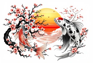 Koi fish, and cherry blossom tree, beautiful sunset in background tattoo idea