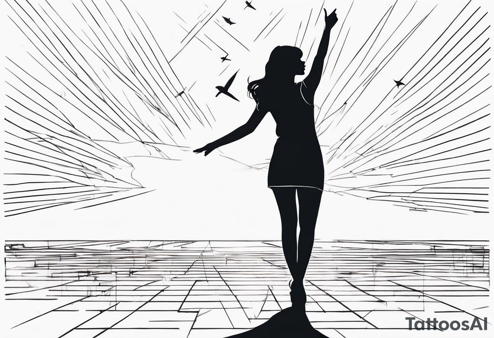 Woman on a dancefloor pointing her fingers up in the sky tattoo idea