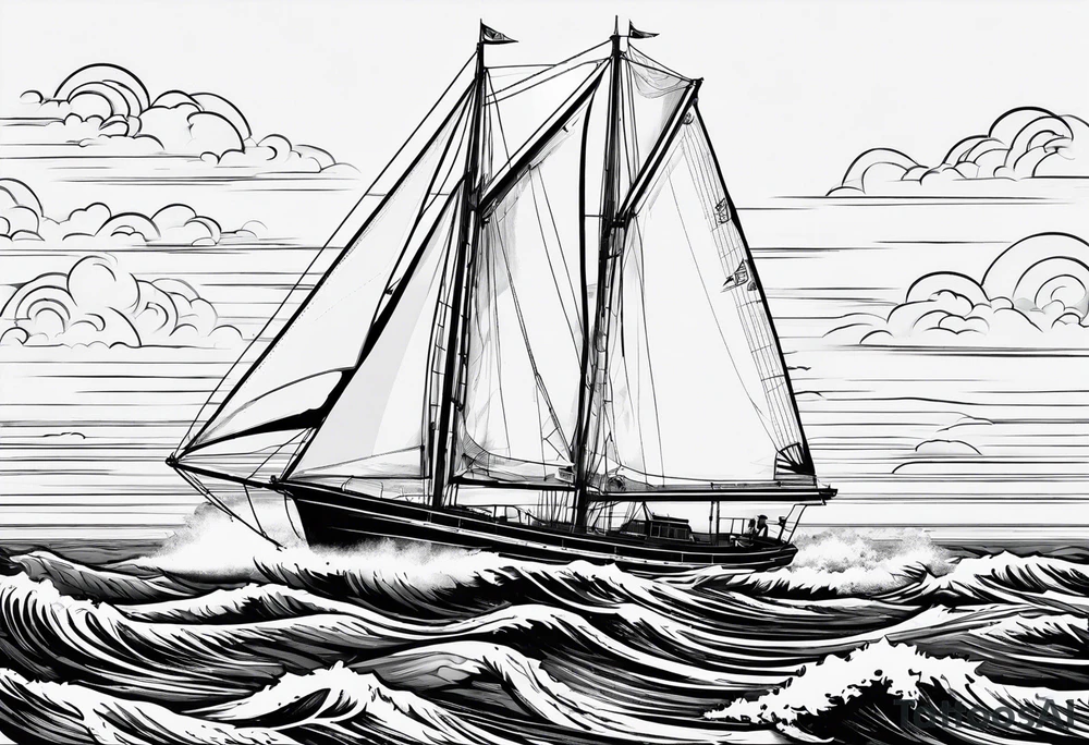 sailboat seen from the front. sail in the shape of a maritime lighthouse.phoenix drawn on the sail. tattoo idea