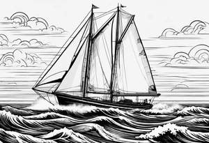 sailboat seen from the front. sail in the shape of a maritime lighthouse.phoenix drawn on the sail. tattoo idea