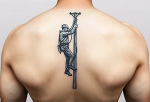 realistic tattoo of a power lineman climbing a wooden pole that fits on the inside of the forearm tattoo idea