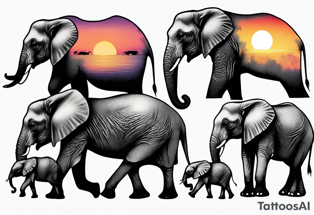 family of 6 elephants walking into sunset tattoo idea
