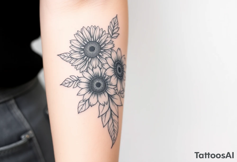 Large floral design with multiple types of flowers including sunflowers tattoo idea