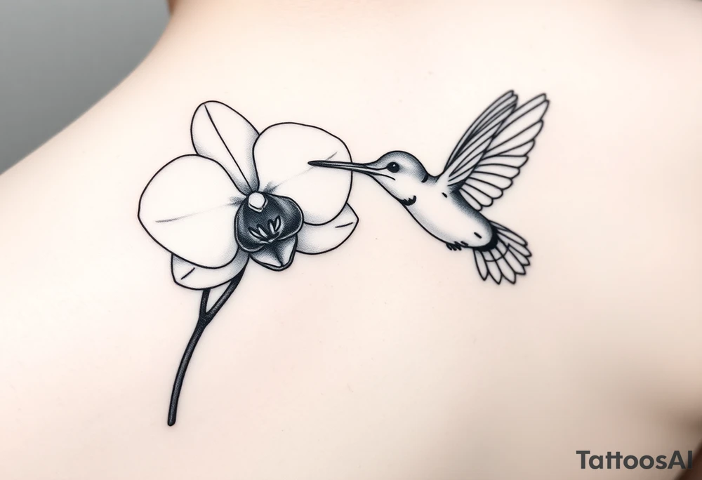 A delicate, black and white fine-line tattoo for make, featuring a gracefully detailed orchid in full bloom (stem and at least 2 flowers), with soft, intricate petals and elegant curves. Beside it, a hummingbird hovers mid-flight, its wings drawn with subtle motion lines, its slender beak reaching toward the orchid’s center to drink its nectar. The design captures a sense of balance and harmony, with the contrast between the stillness of the flower and the gentle energy of the bird. Perfectly suited for the upper arm, this piece combines nature’s beauty and movement in a timeless, minimalist style tattoo idea