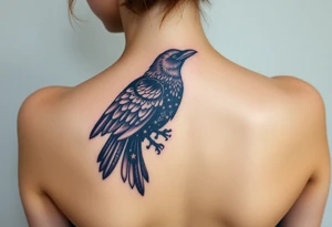 Raven with starry sky background with zodiac constellations in it with runes in sky tattoo idea