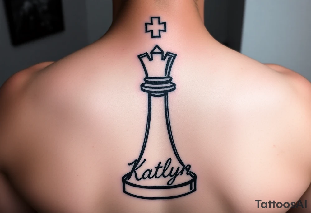 A queen chess piece with the name Katlyn incorporated into the bottom of the piece tattoo idea