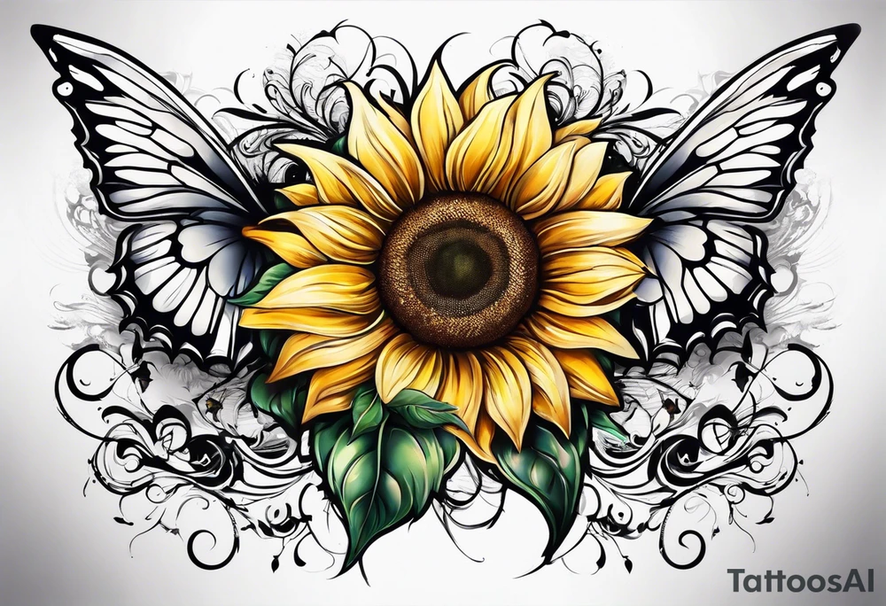 Arm sleeve with Winged cross with sunflower and butterflies tattoo idea