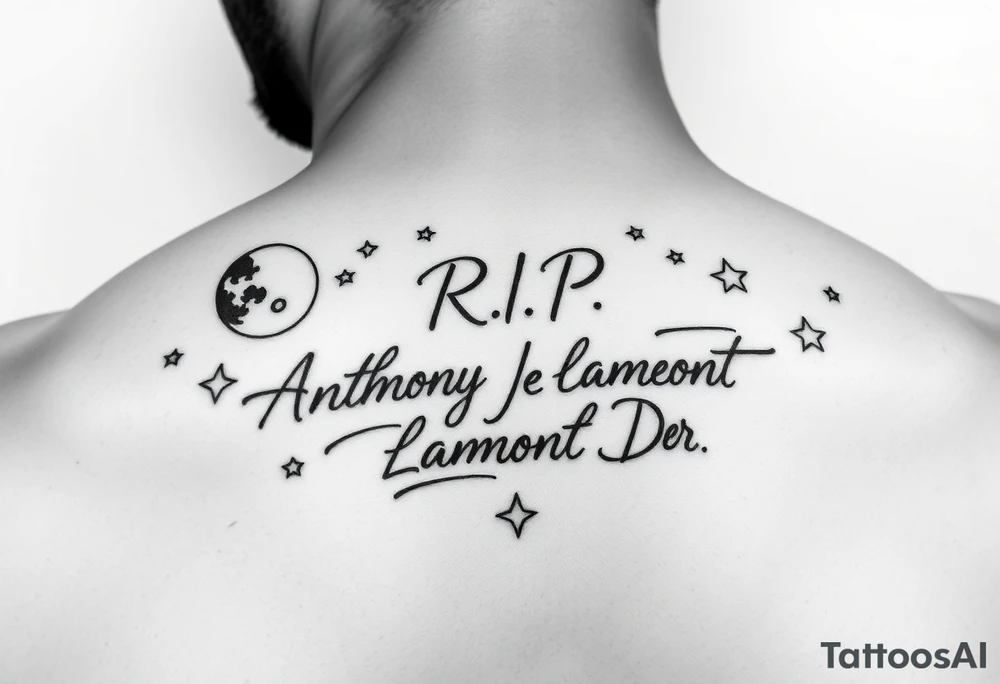 Manly handwriting R.I.P. 
Anthony Lamont Deal Sr surrounded by moons and stars tattoo idea