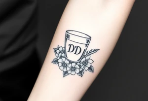 A tequila shot glass with small DD Ingrave on it surround by flowers tattoo idea