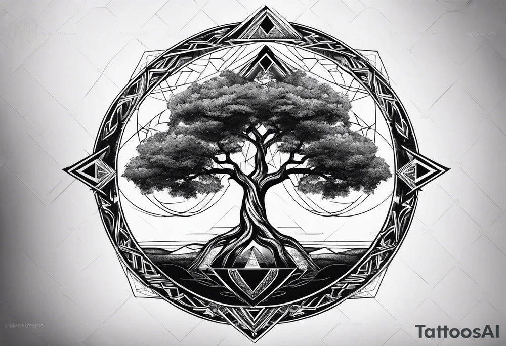 minimalistic Yggdrasil tree with 3 triangles tattoo idea