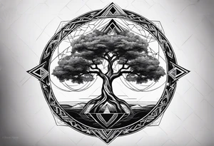 minimalistic Yggdrasil tree with 3 triangles tattoo idea