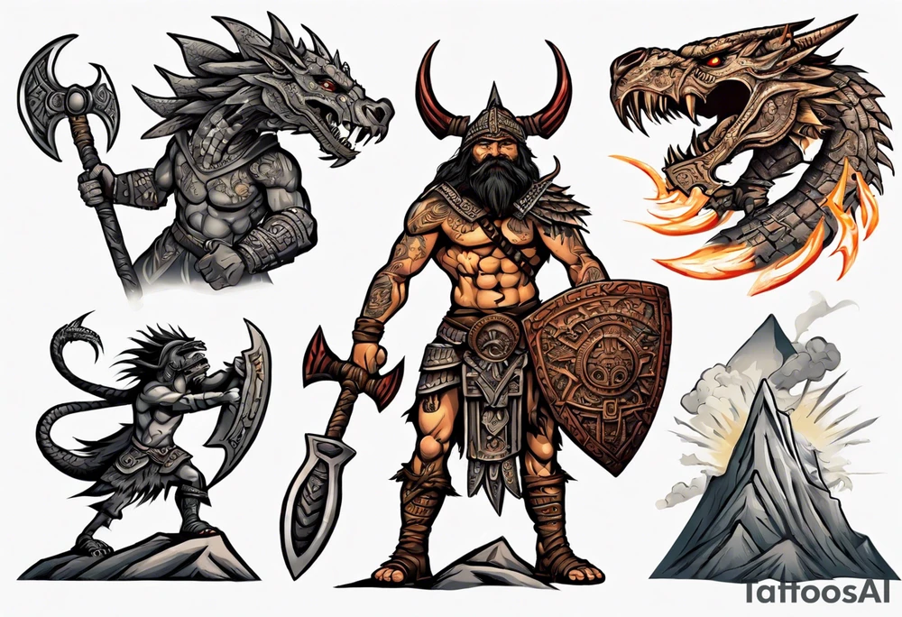 aztec dwarven warrior with a war axe fighting against a dragon in the mountains as the sun is rising tattoo idea