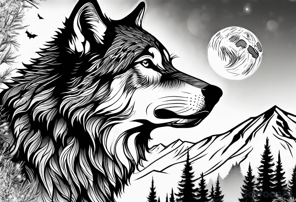 Wolf head in front of snowy mountains howling at a moon tattoo idea