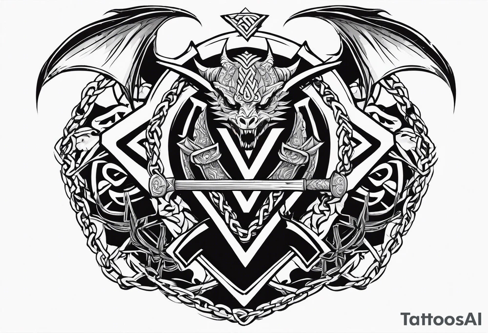 Valhalla sword shield dragon axe Valknut barbed wire chains tribal tattoo idea Valhalla sword shield dragon axe Valknut barbed wire chains tribal tattoo idea