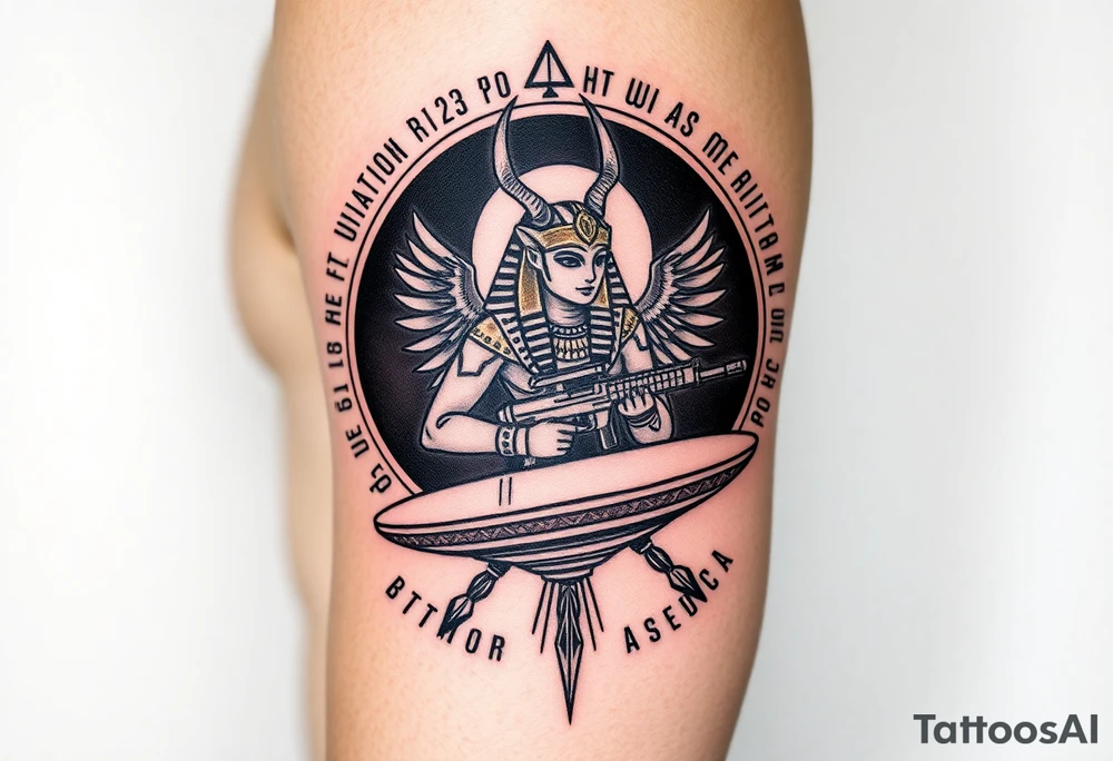 "Anubis in a ufo, holding a tommy gun. . Hieroglyph background spells 'BTC TO THE MOON'.  

Style: Art Deco meets cyber-Egyptian. Black/red/gold ink. Forearm sleeve." tattoo idea