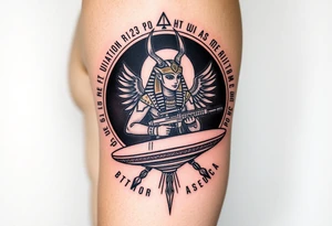 "Anubis in a ufo, holding a tommy gun. . Hieroglyph background spells 'BTC TO THE MOON'.  

Style: Art Deco meets cyber-Egyptian. Black/red/gold ink. Forearm sleeve." tattoo idea