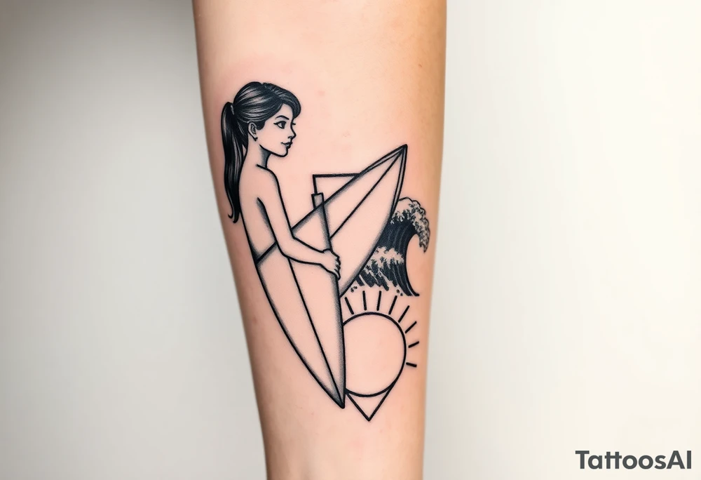 New school geometrical concept tattoo with the girl holding surfboard in a vertical position her face is turned 60 degrees to out side, the bottom part of a body is showed, on the right side of a tattoo is the realistic wave closed in a frame. And the bottom of a taro is a palenesiab sun. Link the objects based on new school geometry tattoos. tattoo idea