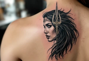 american indian woman face with black hair behind trident tattoo idea