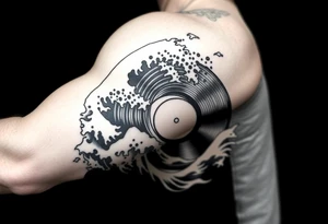 waves crashing into a vinyl record tattoo idea