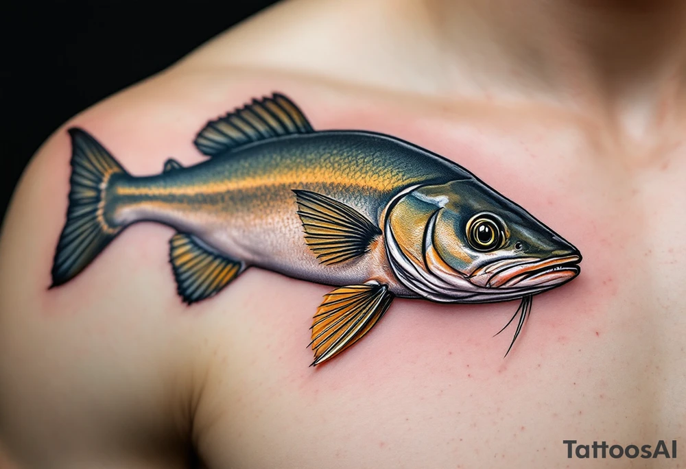 Realistic Catfish Portrait – Hyper-detailed rendering of a channel catfish with olive-green to silvery body, fine whiskers, and natural shading for a lifelike aquatic feel. tattoo idea